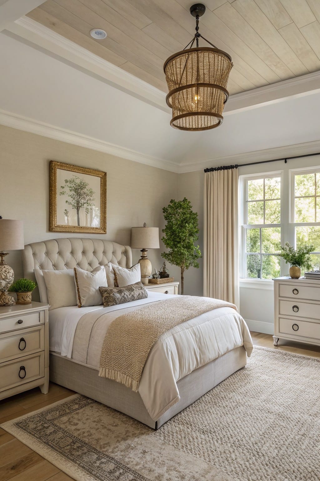 Cozy bedroom featuring warm greige walls, tufted beige bed, rattan chandelier, gold-framed tree artwork, and large window with cream drapes