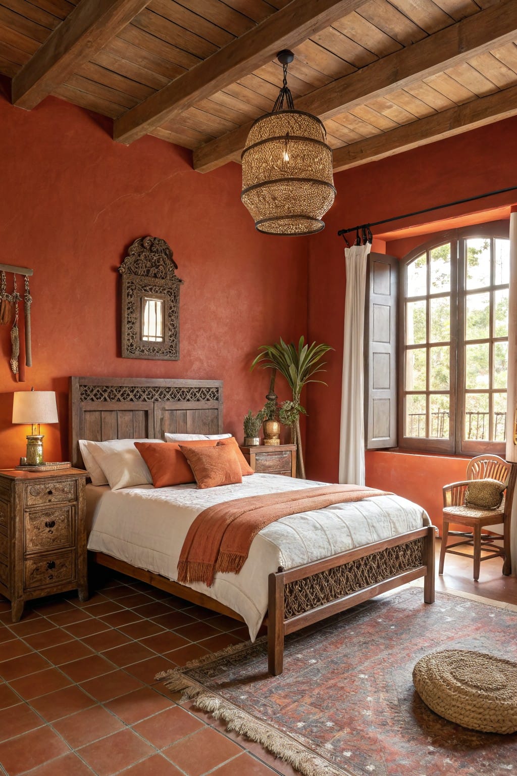 Bedroom interior with terracotta-painted walls, wooden bed frame with intricate carvings, orange throw blanket, potted plants, and arched window with shutters