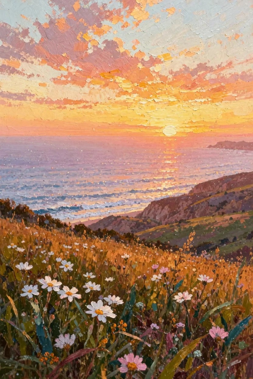 Oil painting of sunset over ocean from grassy cliffs with white daisies and wildflowers in foreground.