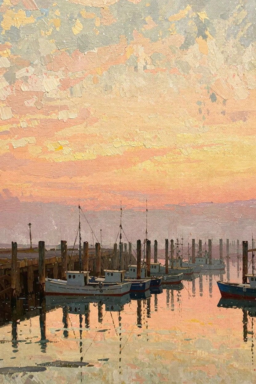 Impressionistic oil painting of fishing boats moored at a dock with pilings, sunset sky, and water reflections in warm pinks and oranges.