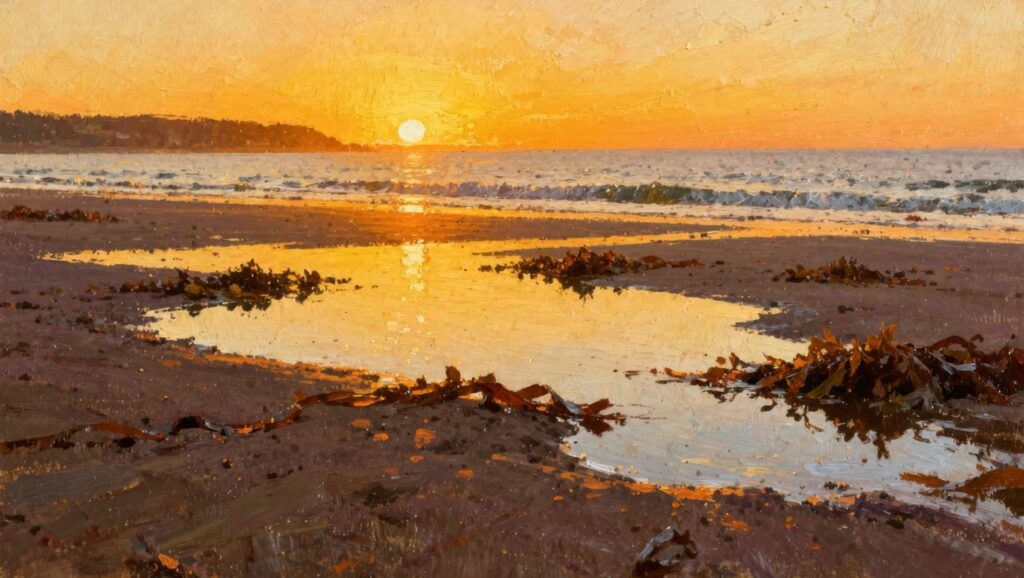 Oil painting of a beach shoreline at sunset with kelp clumps, reflective tidal channels, waves, sun on horizon, and distant cliffs.