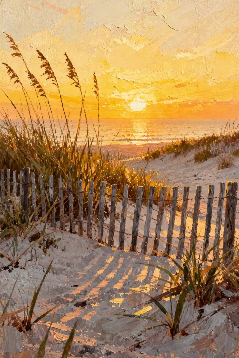 Oil painting of tall sea oats, wooden dune fence on white sand, ocean, and orange sunset sky.