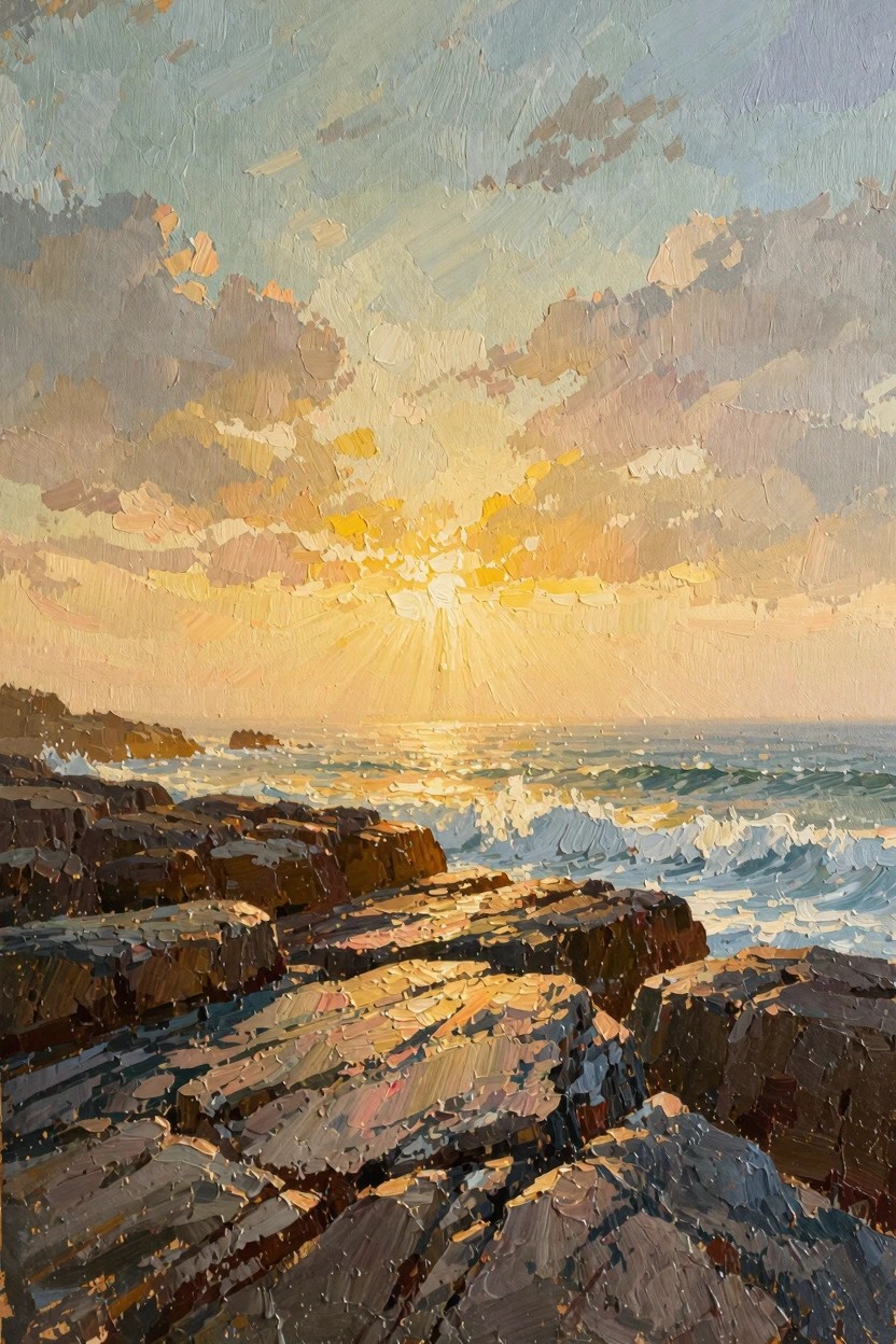 Oil painting of sunset over rocky coastline with crashing waves, textured rocks in foreground, and sun rays through clouds.