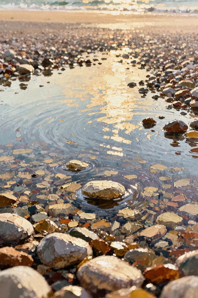 Painterly image of shallow water ripples around a central stone over colorful pebbles on a beach, lit by golden sunset with ocean waves in the background.