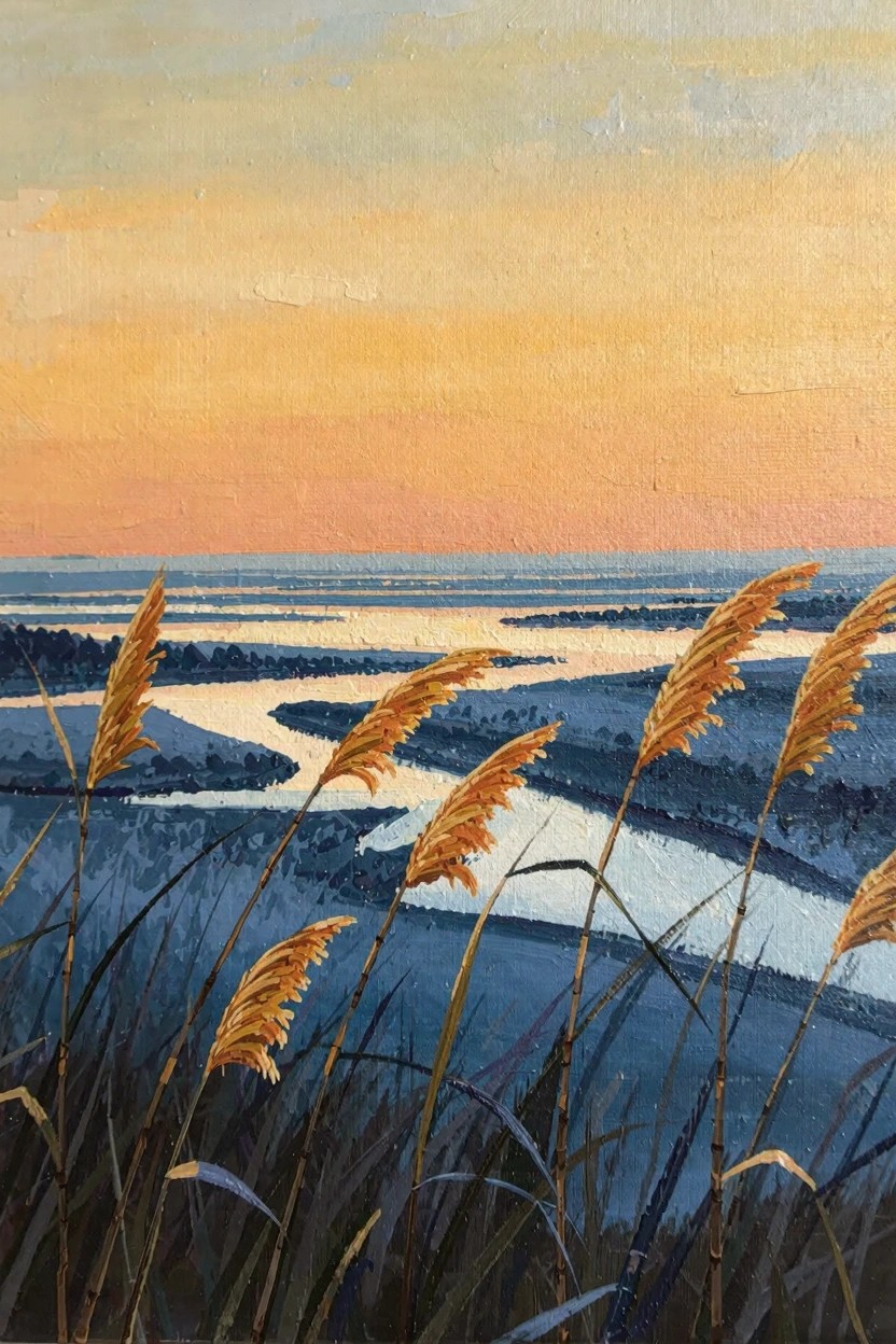 Oil painting of tall golden reeds in the foreground framing blue winding waterways in a coastal marsh under an orange sunset sky.