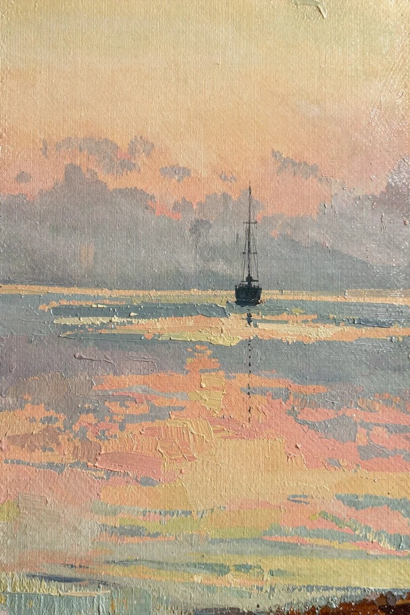 Oil painting of a dark sailboat centered on calm water with orange-pink sunset reflections under a cloudy sky.