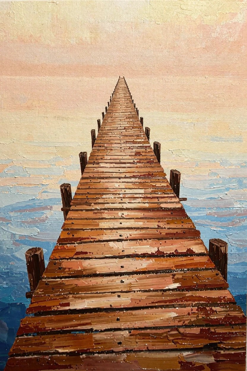 Oil painting of a long wooden pier extending over blue water toward a pink and yellow sky horizon.