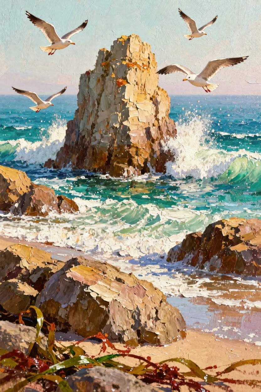 Oil painting of seagulls flying around a tall orange rock stack amid crashing turquoise waves on a beach with foreground rocks and seaweed.