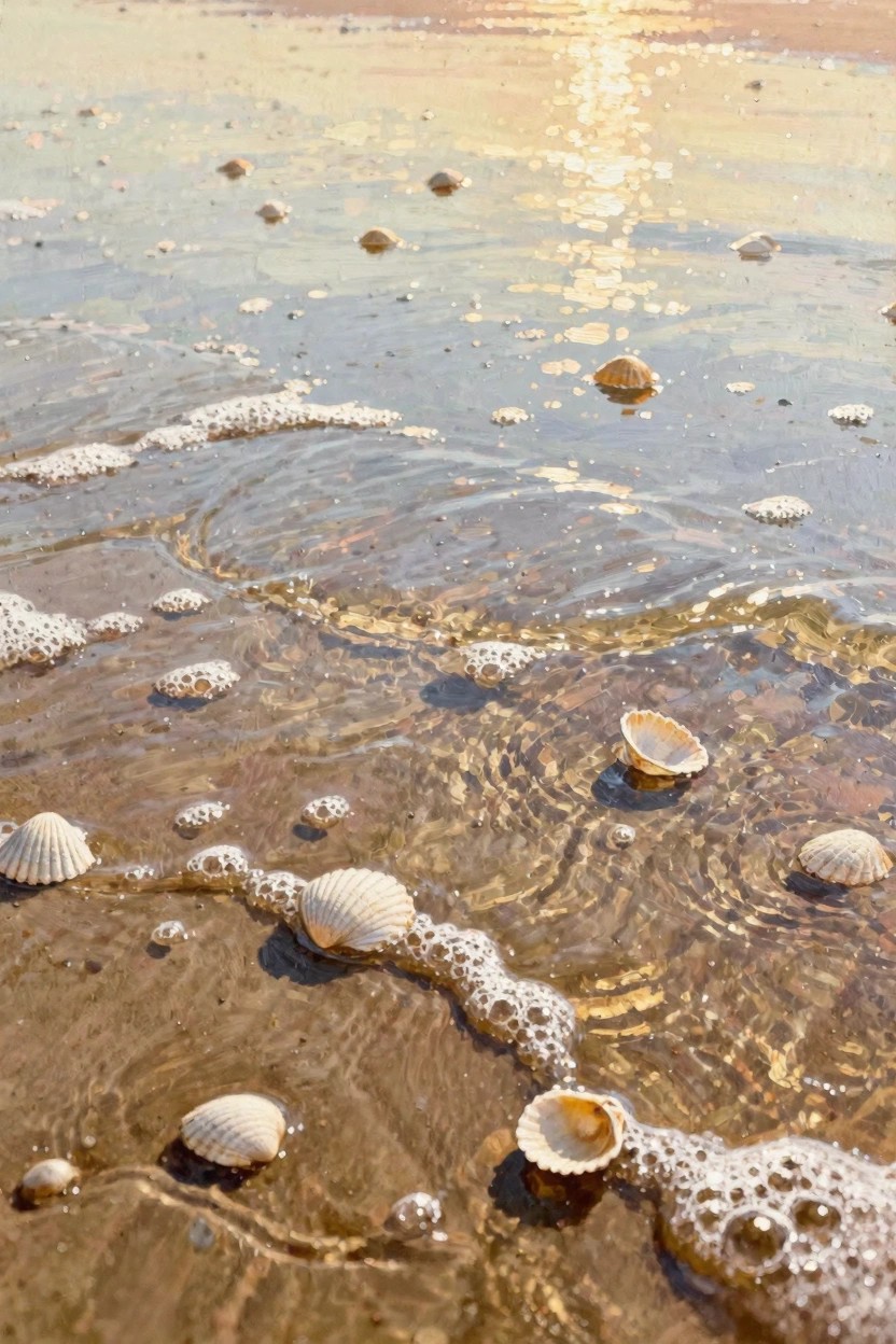 Close-up of seashells scattered in shallow beach waves with foam and golden sunlight reflections on wet sand.