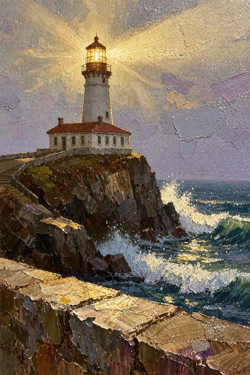 Oil painting of a lighthouse on rocky cliffs beaming light into a stormy sky with crashing waves below.