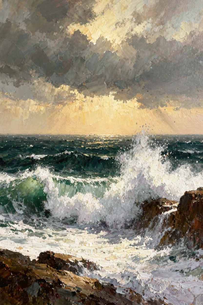 Oil painting of dark waves crashing on rocks under stormy clouds with golden sun rays breaking through.