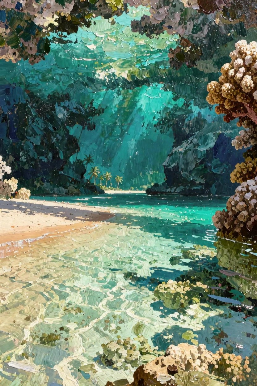 Oil painting of a hidden tropical cove with turquoise shallows, sandy beach, overhanging green cliffs, coral clusters, and sunlight filtering from above.