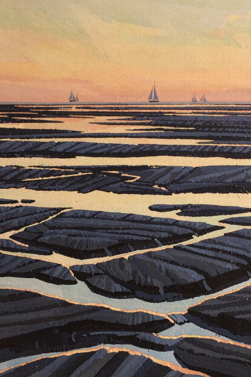 Oil painting of layered dark tidal mudflats with shallow reflective channels at sunset, distant white sailboats on horizon against orange sky.
