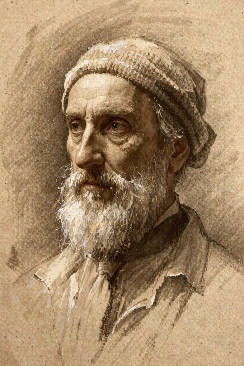 Close-up drawing of an elderly man with white knit cap, beard, and thoughtful gaze on beige paper.