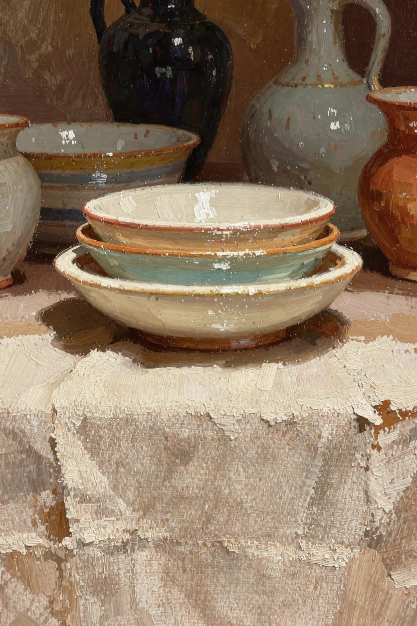 Oil painting of stacked white and turquoise ceramic bowls on textured beige cloth, flanked by colorful vases against a warm brown background.