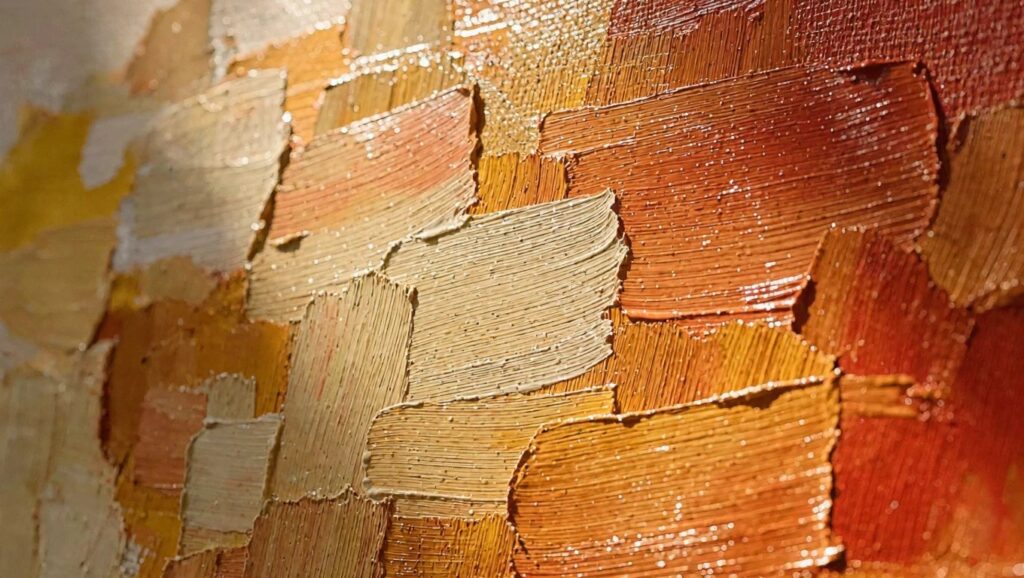 Oil painting close-up of a woman's face with green eyes, freckles, textured impasto strokes on pale skin, and auburn wavy hair.