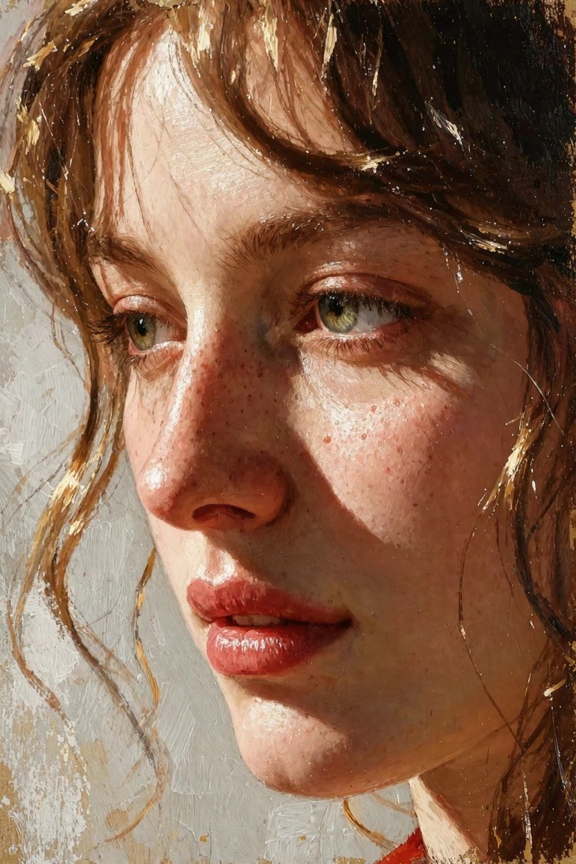 Close-up oil portrait of a woman's freckled face in profile with green eyes, pink lips, wavy golden hair, and textured background.
