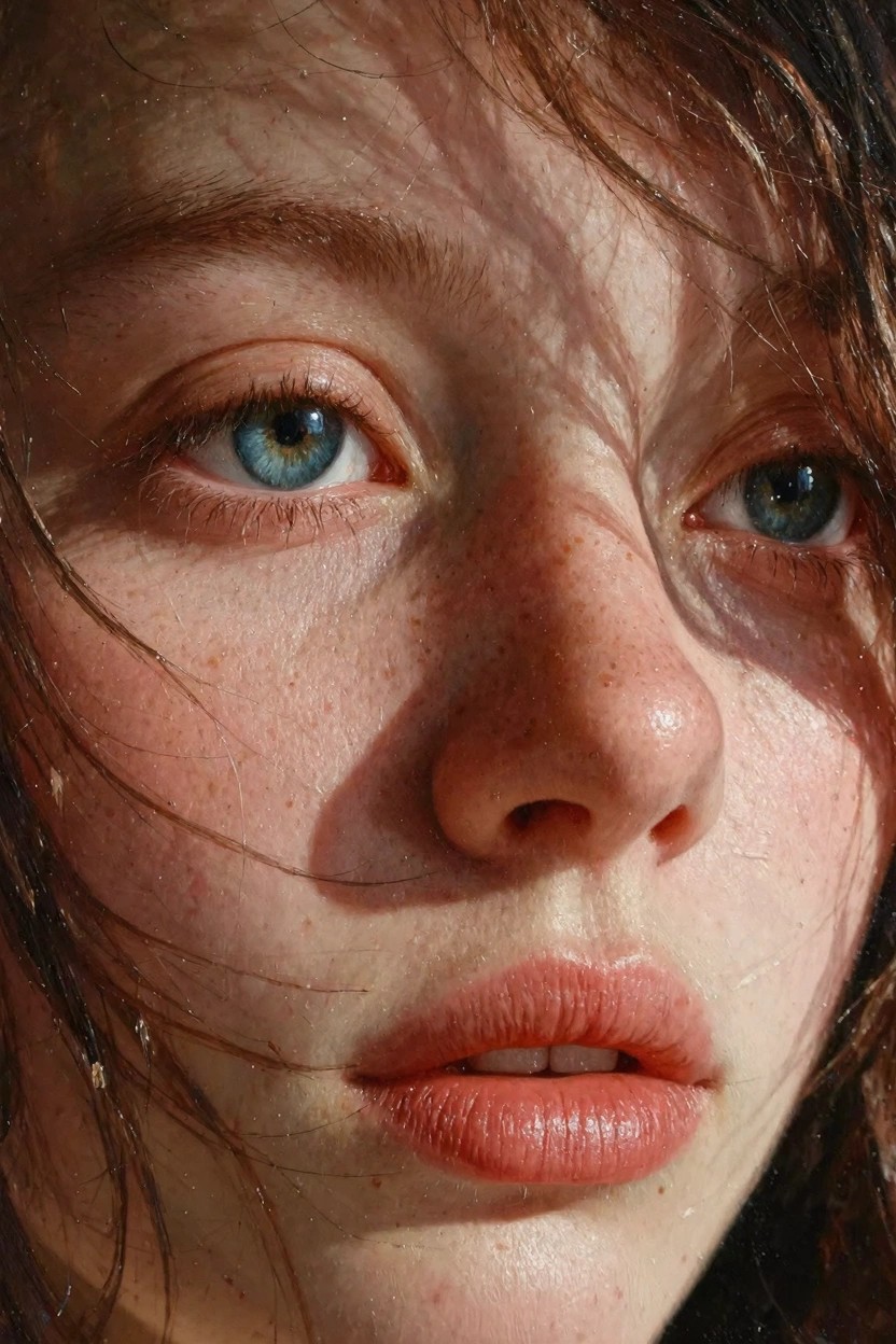 Close-up of a young woman's freckled face with blue eyes, red hair, and dramatic side lighting creating shadows.