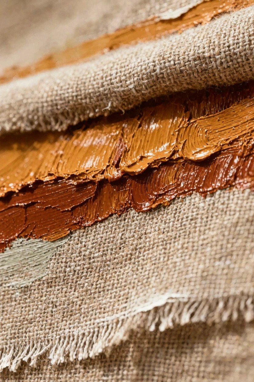 Close-up of thick orange, brown, and green oil paint strokes layered on coarse woven burlap canvas with frayed edges.