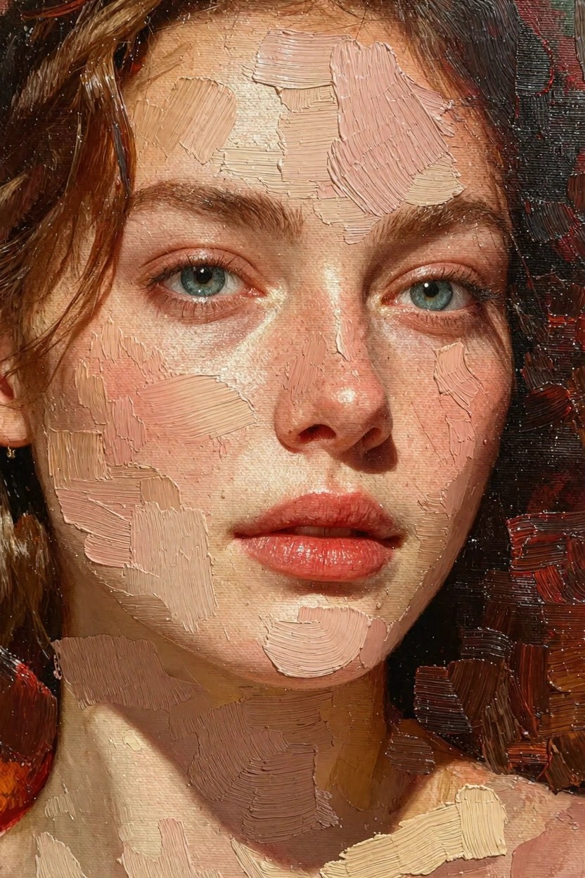 Oil painting close-up of a woman's face with green eyes, freckles, textured impasto strokes on pale skin, and auburn wavy hair.