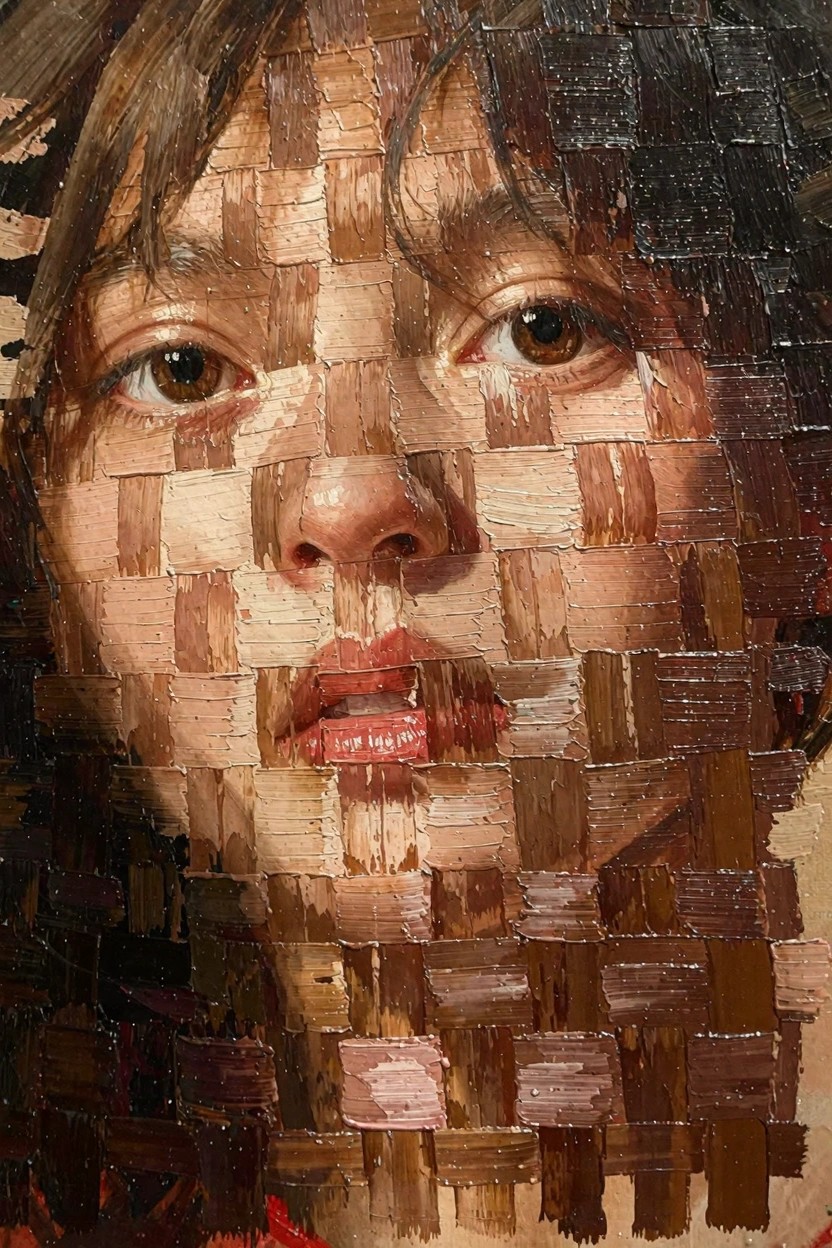 Close-up oil portrait of a young woman's face rendered as a mosaic of textured wood planks in brown tones.