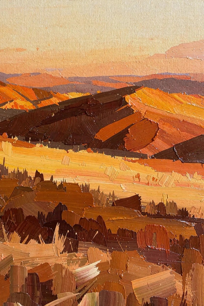 Oil painting of layered rolling hills in warm orange, yellow, and brown tones under a soft sunset sky, rendered with thick textured impasto brushwork.