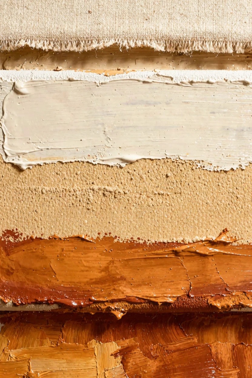 Close-up of raw beige canvas layered with white paint smears, tan paint, and thick orange-brown impasto strokes.