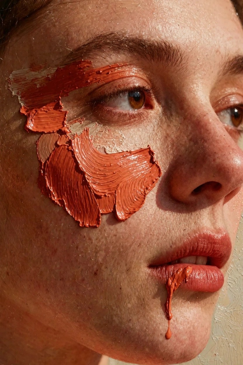 Close-up of a woman's freckled face with thick orange paint smeared across her cheek, eye area, nose, and dripping from her lower lip.