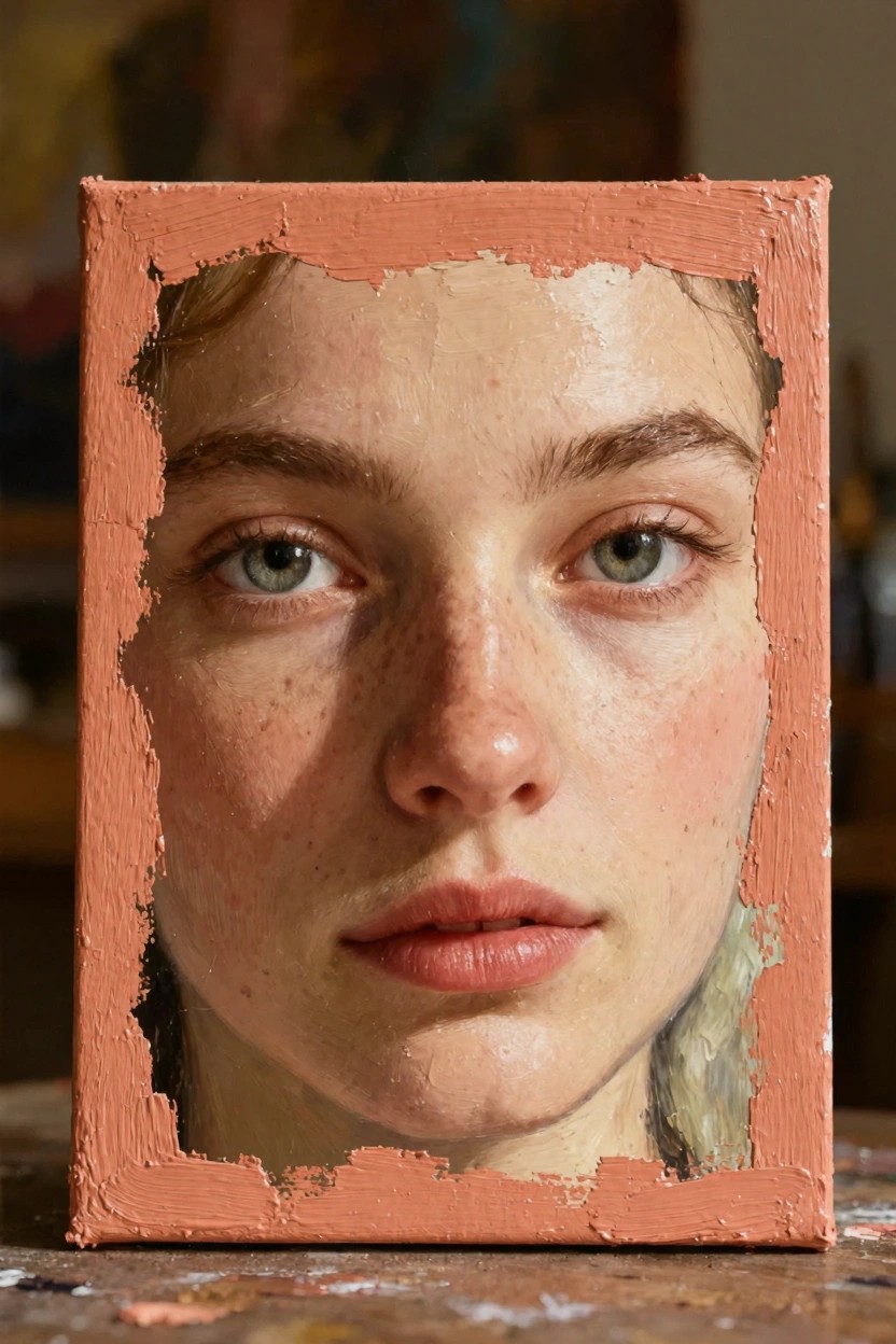 Oil portrait of a woman's face with green eyes and freckles emerging from peeling orange frame paint on canvas edges.