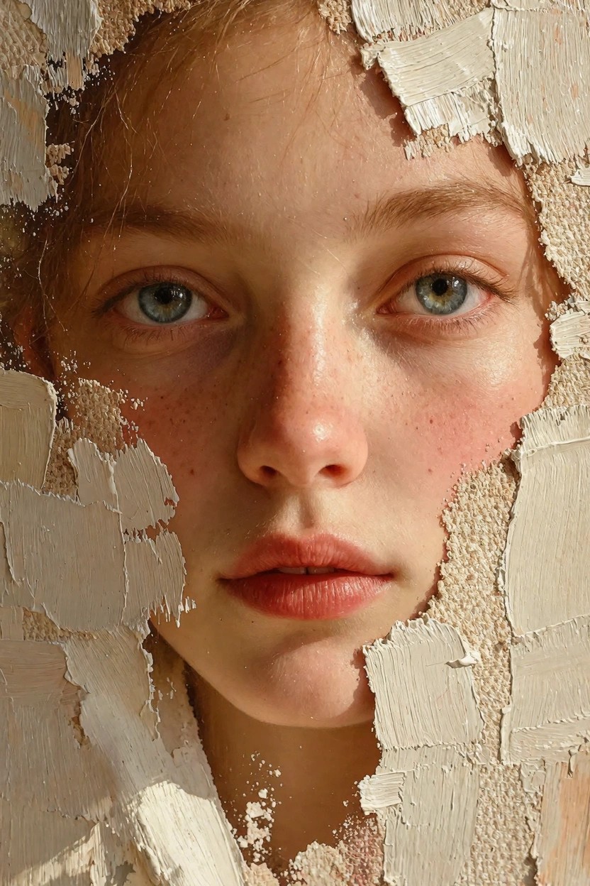 Close-up of a freckled young woman with blue eyes whose face emerges from peeling, textured white plaster chunks.
