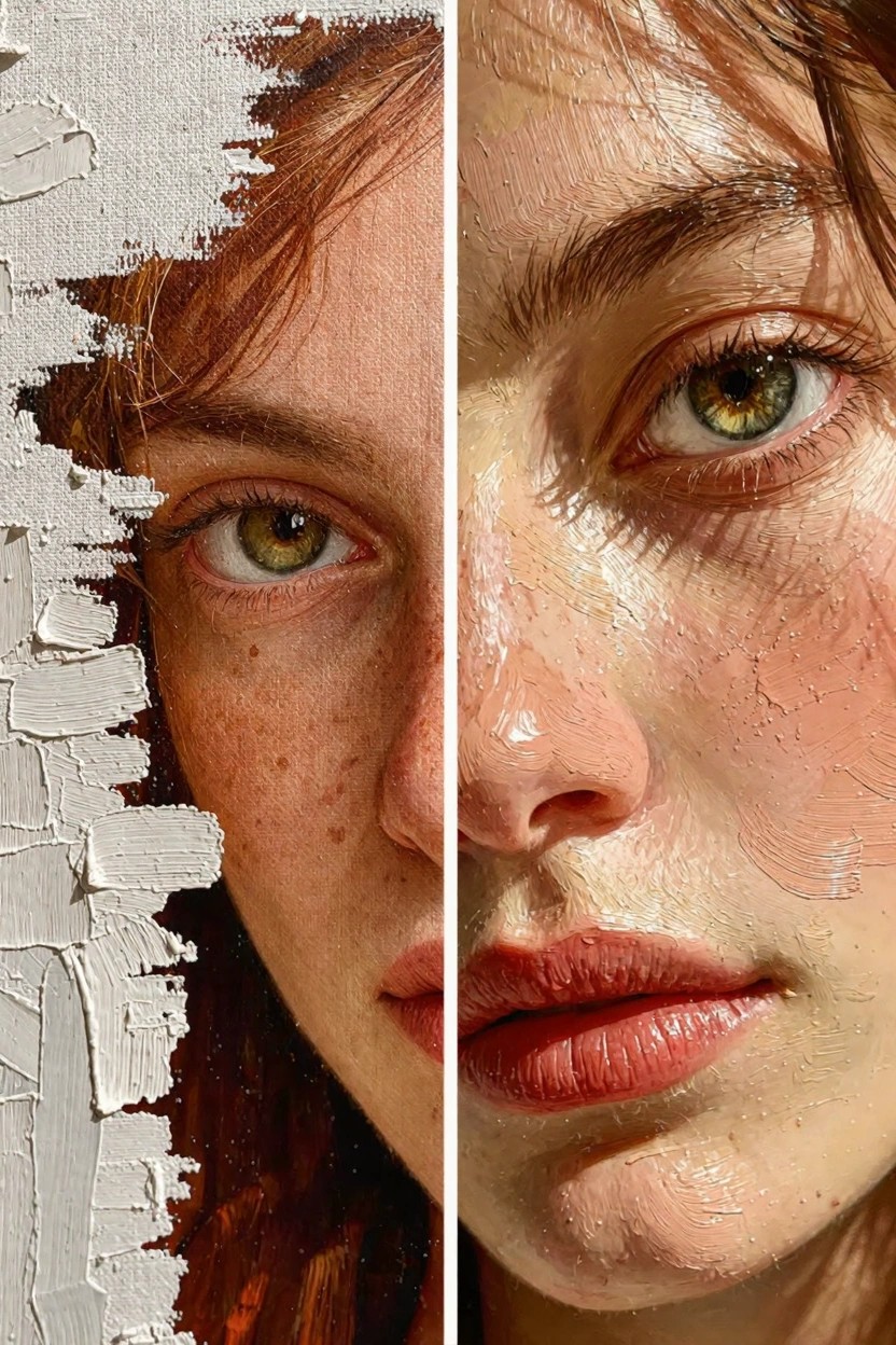 Diptych oil painting with thick white impasto peeling from left side to reveal realistic portrait of red-haired woman with green eyes, freckles, and red lips on right.