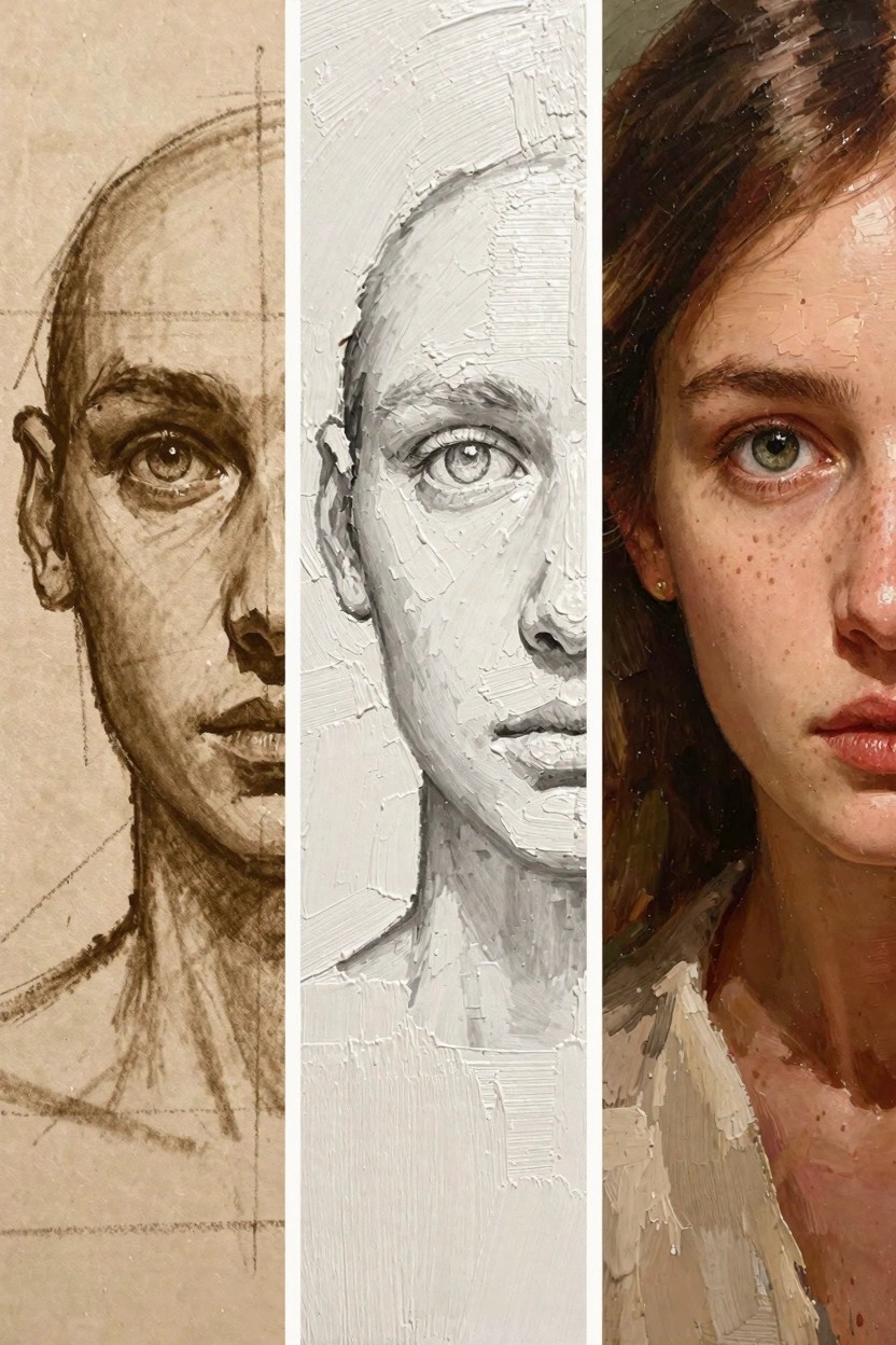 Three-panel progression of a woman's portrait: left pencil sketch with grids, middle grayscale impasto oil, right full-color oil with brown hair and green eyes.