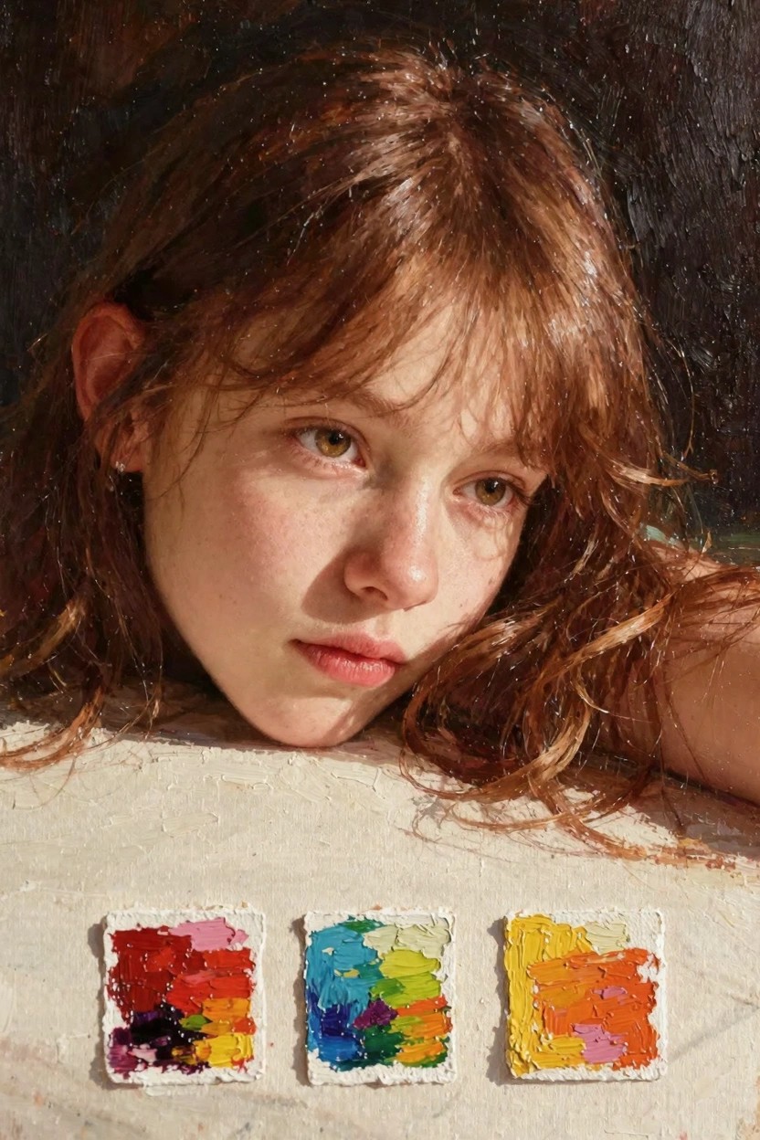 Oil painting of a young girl with reddish hair and freckles resting her head on her arm next to three small textured squares of colorful oil paint on beige fabric.