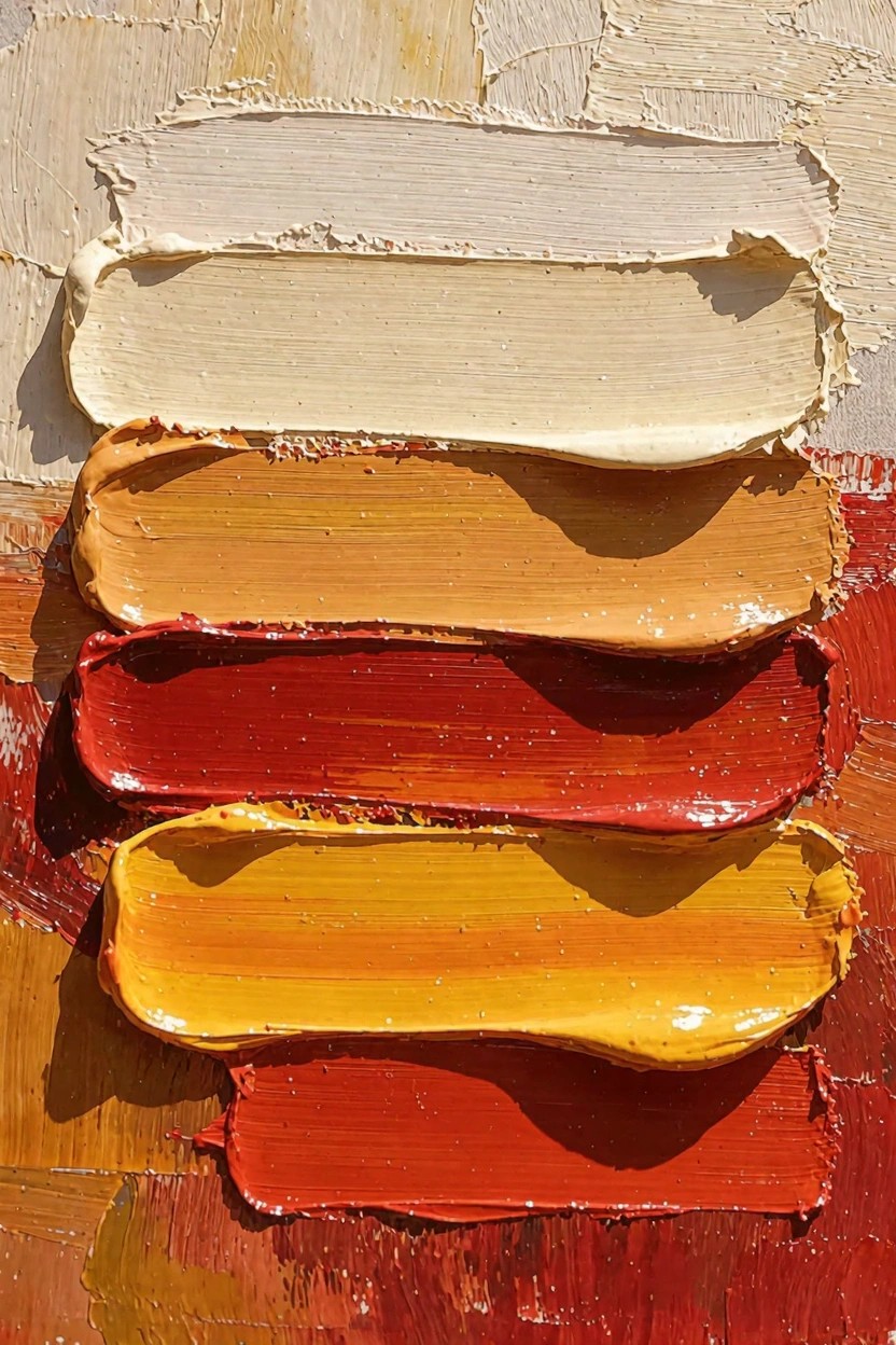 Thick oil paint swatches in beige, yellow, orange, and red stacked horizontally on a textured abstract background.
