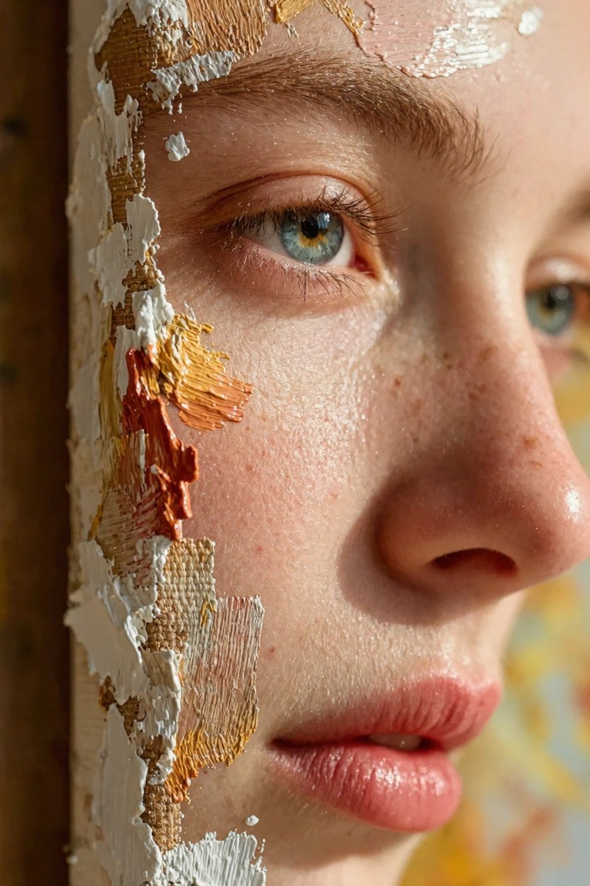Close-up profile of a woman's face with thick white, gold, orange, and red paint textures smeared on skin and frame, showing green eyes, freckles, and pink lips.