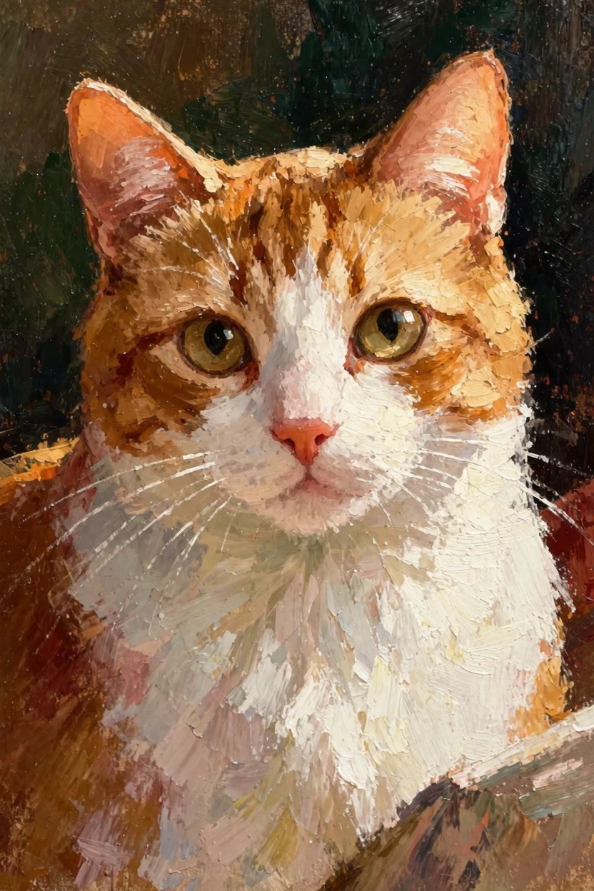 Oil painting close-up of an orange tabby cat with green eyes, white muzzle, and textured fur against a dark background.