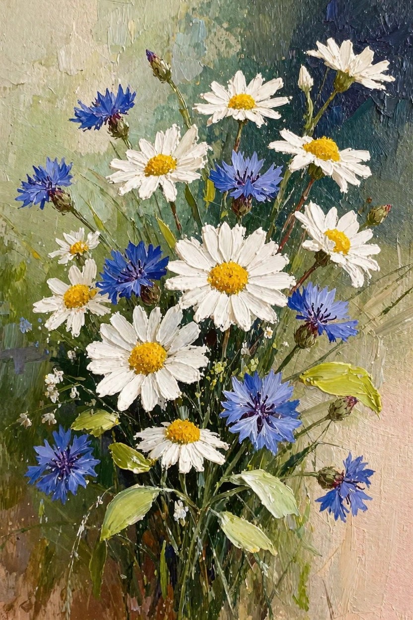 Oil painting of white daisies and blue cornflowers in a loose bouquet with green leaves on a soft green-beige background.