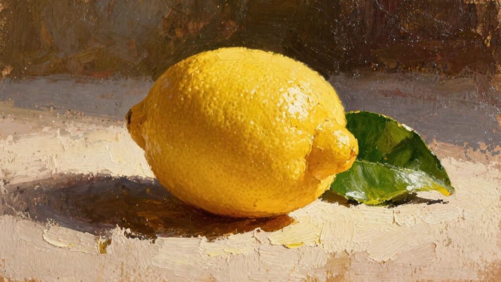Oil painting of a bright yellow lemon with attached green leaf resting on a beige surface against a brownish background.