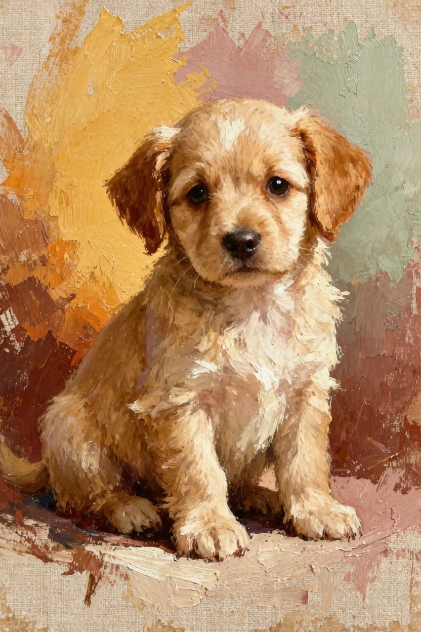 Oil painting of a fluffy apricot puppy sitting with big eyes against a textured background of yellow, orange, pink, and green brushstrokes.