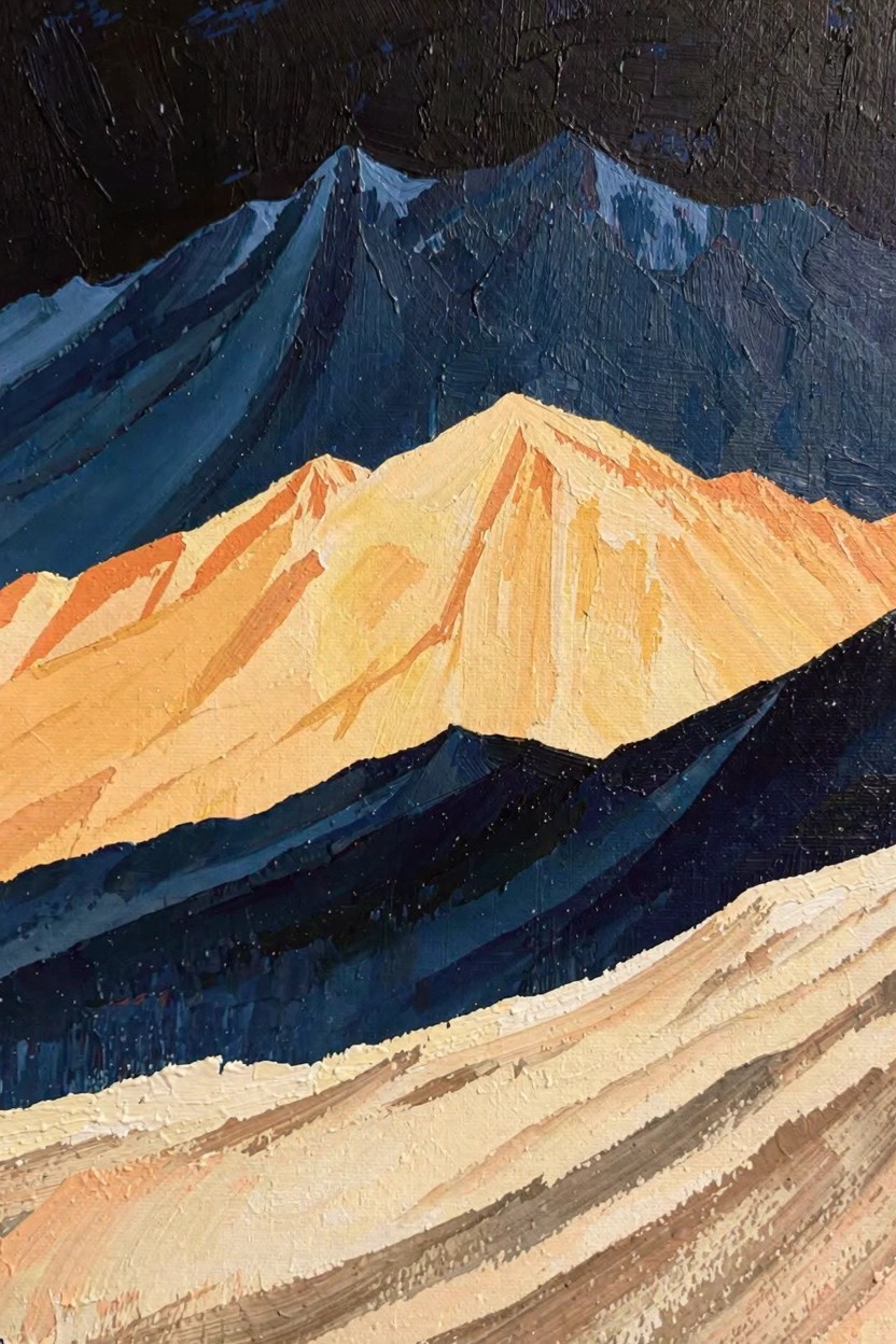 Oil painting of dark blue-black mountains with a central glowing yellow-orange ridge and beige sandy foreground under a stormy sky.