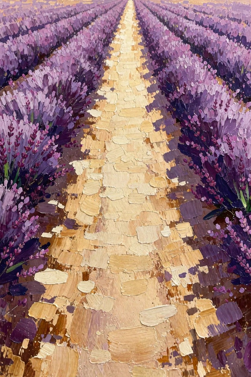Oil painting of purple lavender rows flanking a textured golden dirt path receding into a distant horizon.