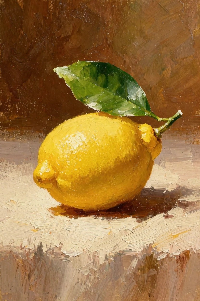 Oil painting of a bright yellow lemon with attached green leaf resting on a beige surface against a brownish background.