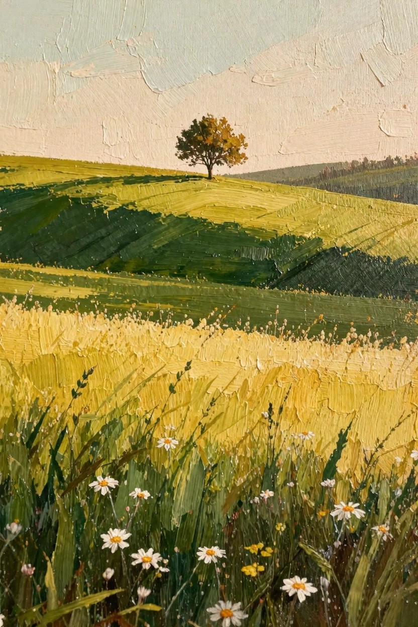 Oil painting of a solitary orange tree on green rolling hills above golden wheat fields dotted with white daisies, under a pale cloudy sky.