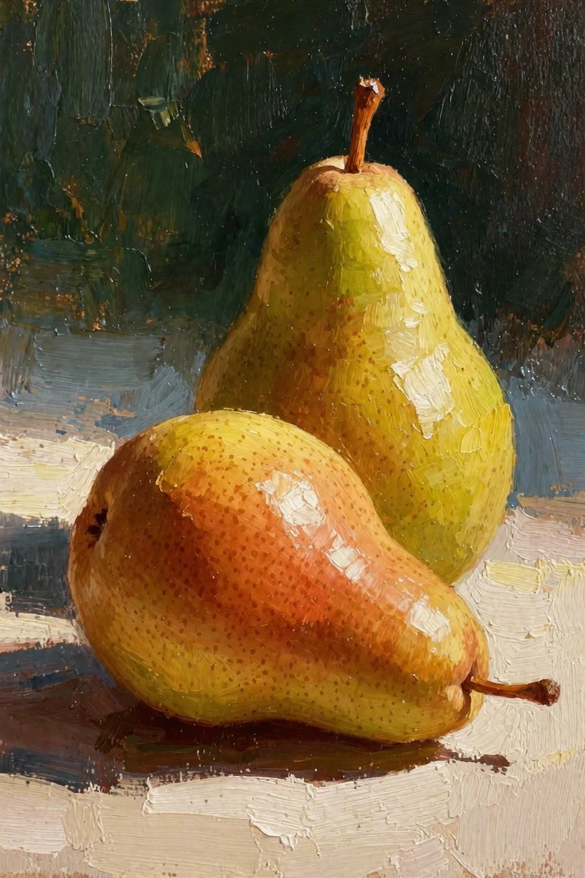 Oil painting of two pears, one upright and one reclined, with glossy highlights and textured skins against a dark background on a light surface.