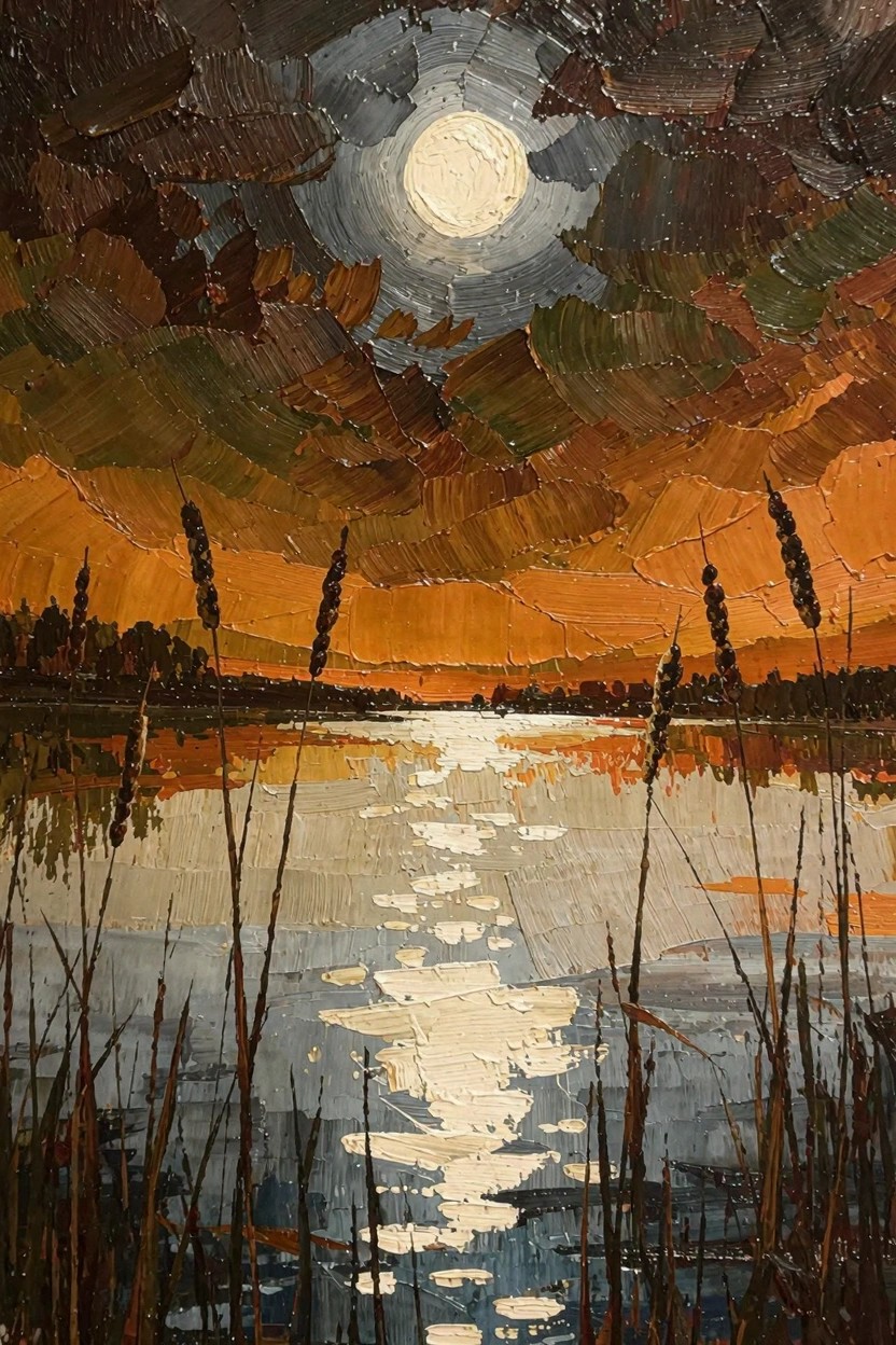 Oil painting of a full moon over a lake with its reflection on the water, tall reeds in the foreground, and a textured sky transitioning from orange to gray.