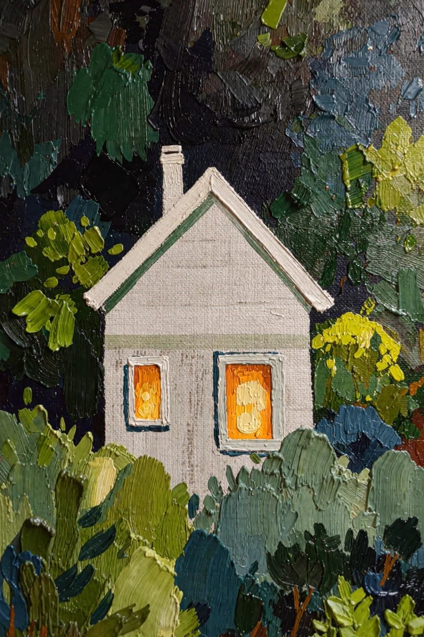 Oil painting of a white cottage with yellow glowing windows nestled in thick green foliage under a dark sky.
