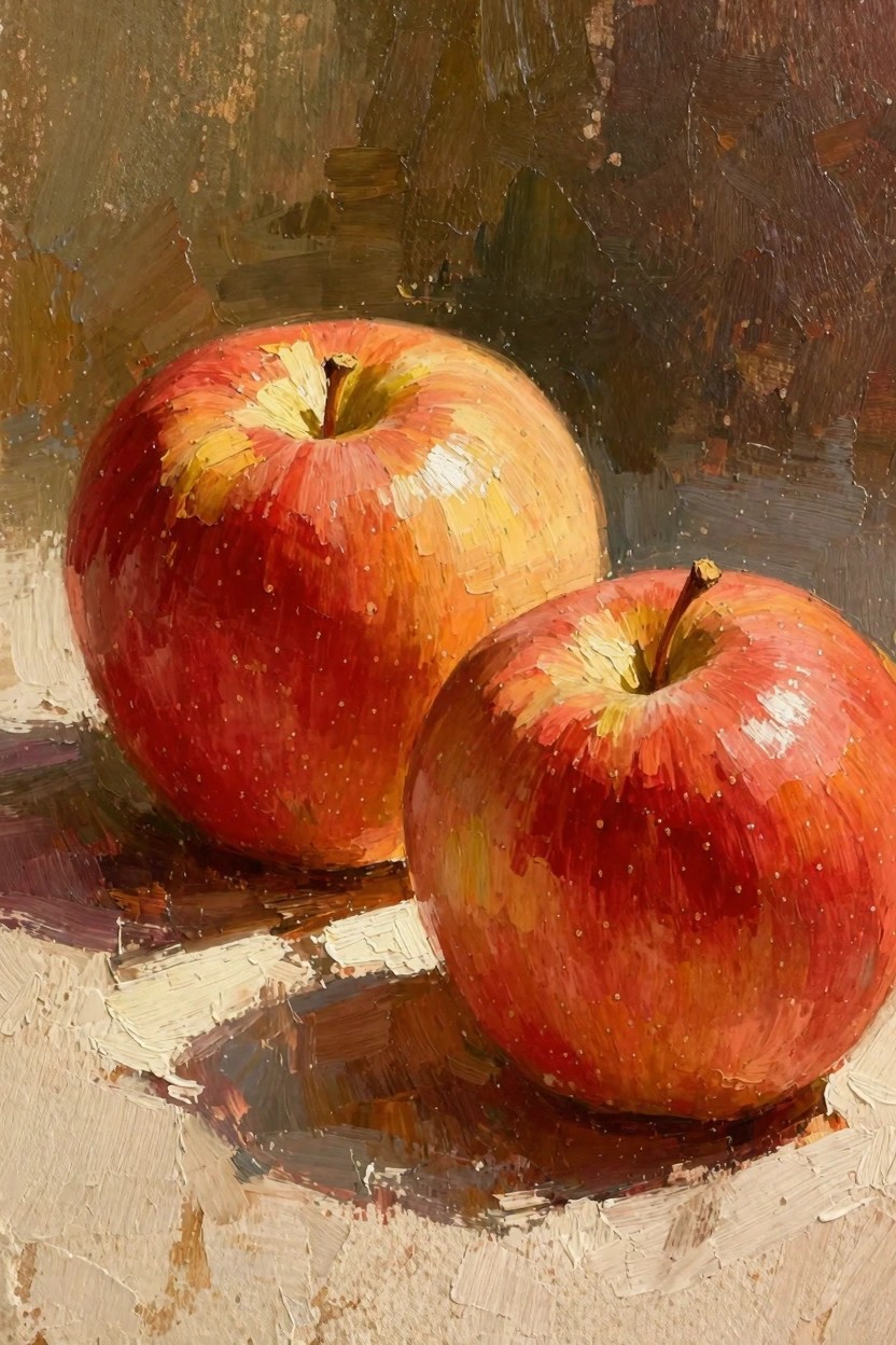 Oil painting of two red apples with stems on a light surface, casting shadows against a dark textured background.