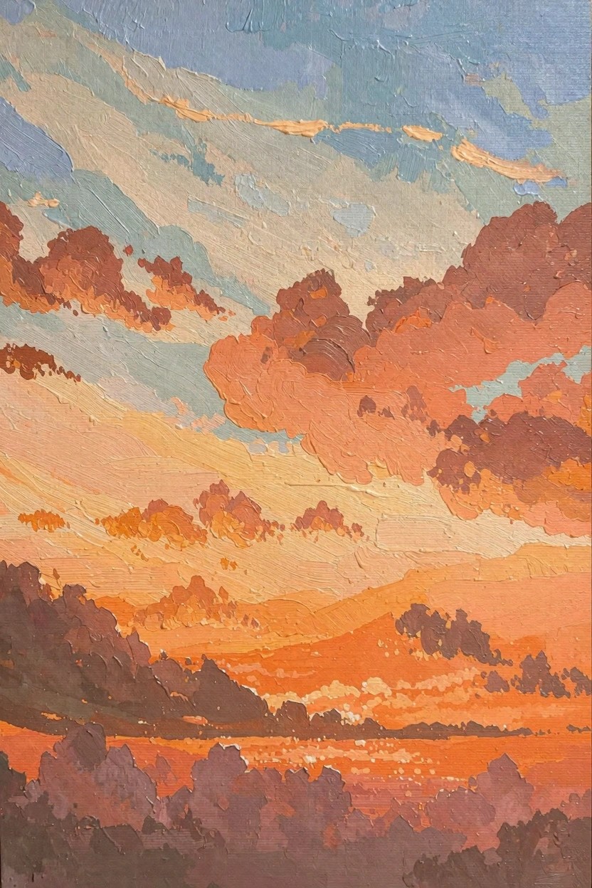 Oil painting of a sky at sunset with blue to orange clouds reflected in water and dark tree silhouettes below.