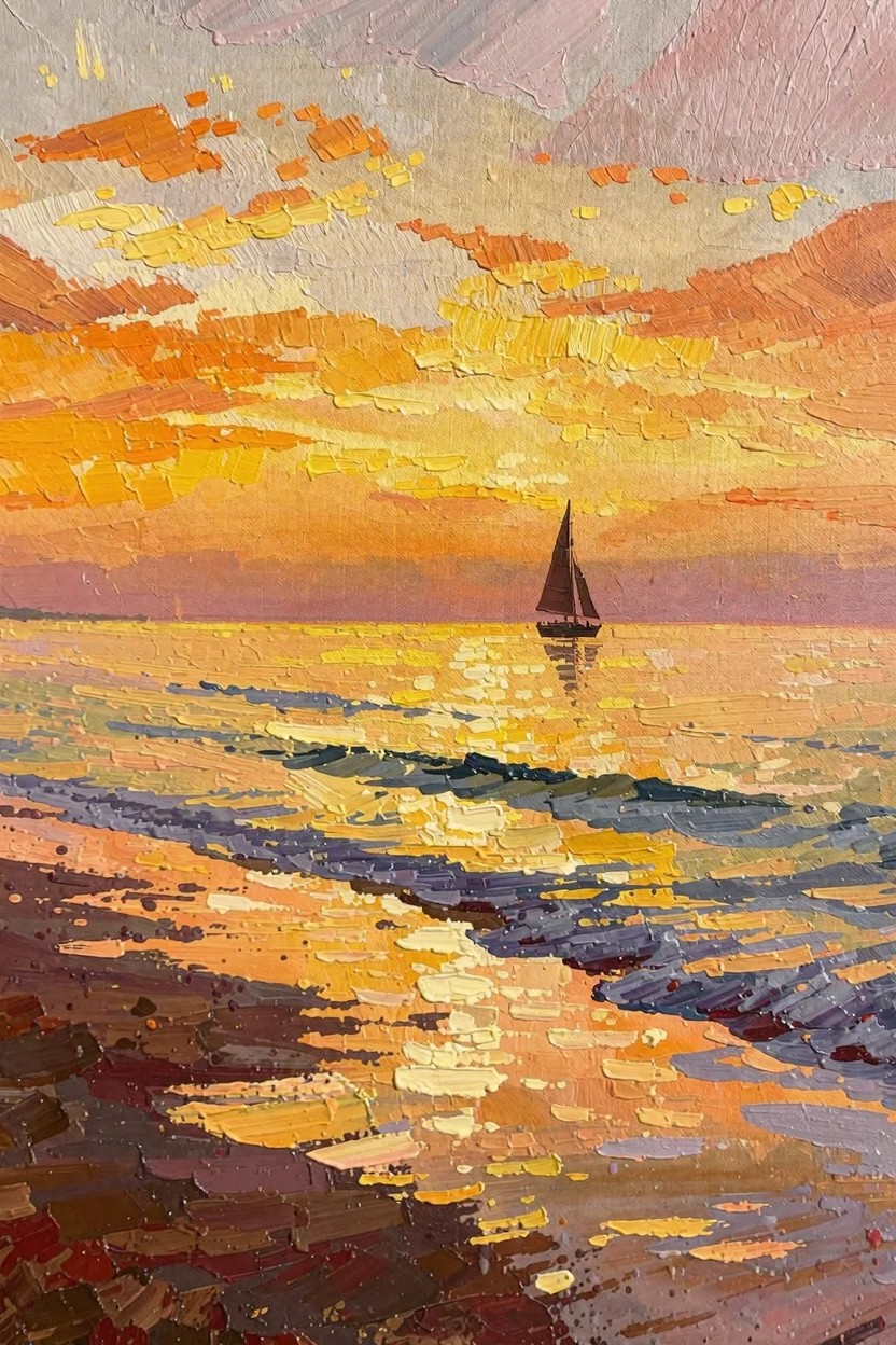 Oil painting depicts a dark sailboat on reflective sunset waters with orange-yellow sky, textured beach foreground, and thick impasto brushwork.