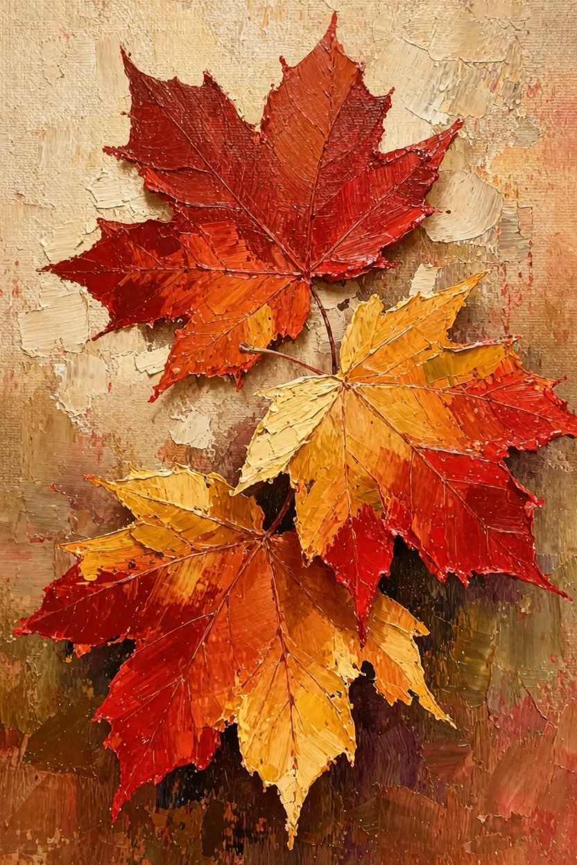 Oil painting of three overlapping maple leaves in red, orange, and yellow autumn tones on a textured beige background.